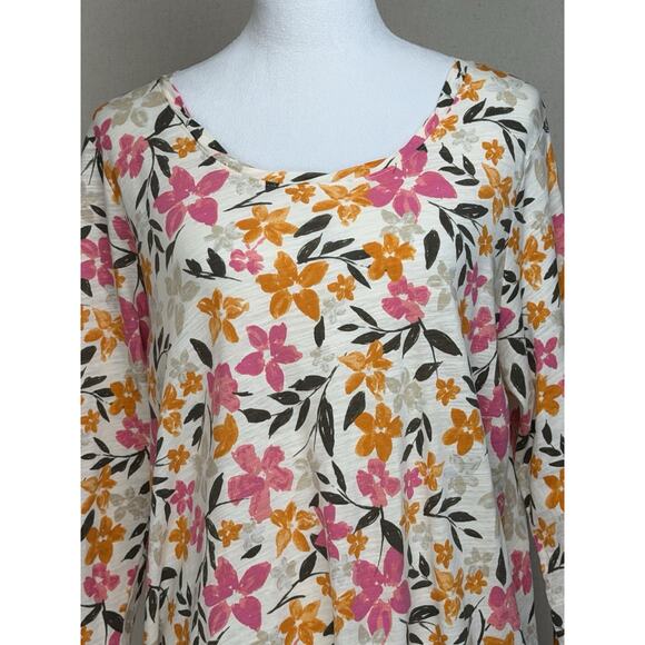 J.Jill Women's Plus Sz 1X Cream Floral Printed Top 100% Cotton 3/4 Sleeves - Picture 2 of 12